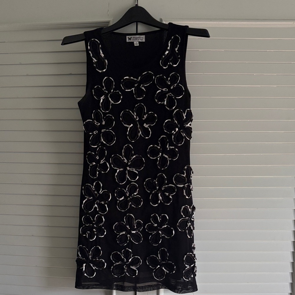 Papillon Black and White Floral A-line Designer Vintage Mini Little Black Dress
